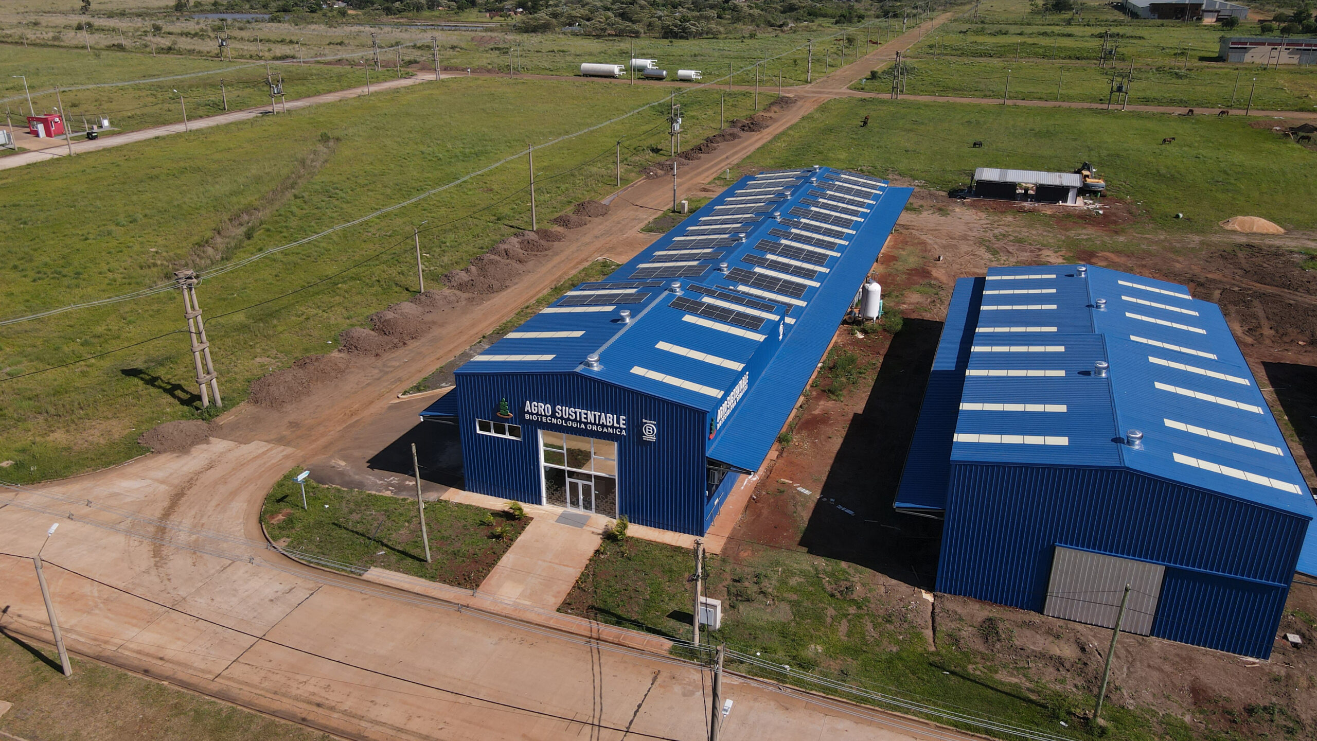 Vista aérea de las instalaciones de Agro Sustentable en Misiones, Argentina, con techos azules equipados con paneles solares rodeados de espacios verdes.